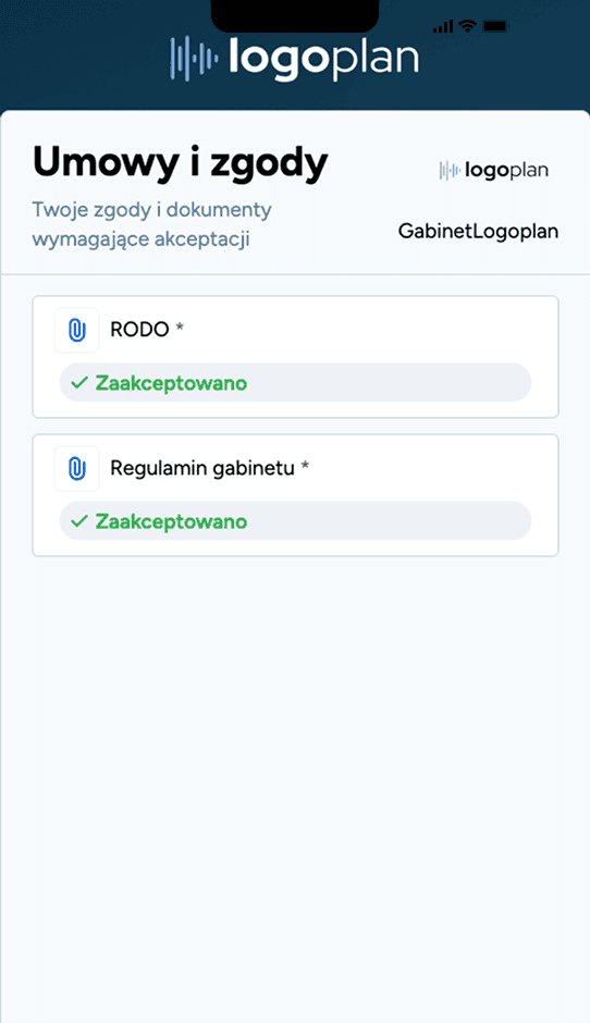 Zbliżenie na ekran telefonu pokazujące łatwe i szybkie podpisywanie regulaminu gabinetu logopedycznego online