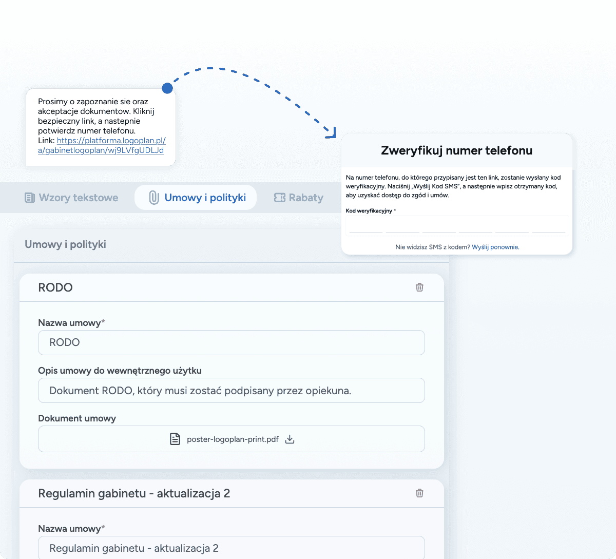 Ekran weryfikacji tożsamości pacjenta kodem SMS wymagany przed złożeniem podpisu online pod dokumentacją logopedyczną