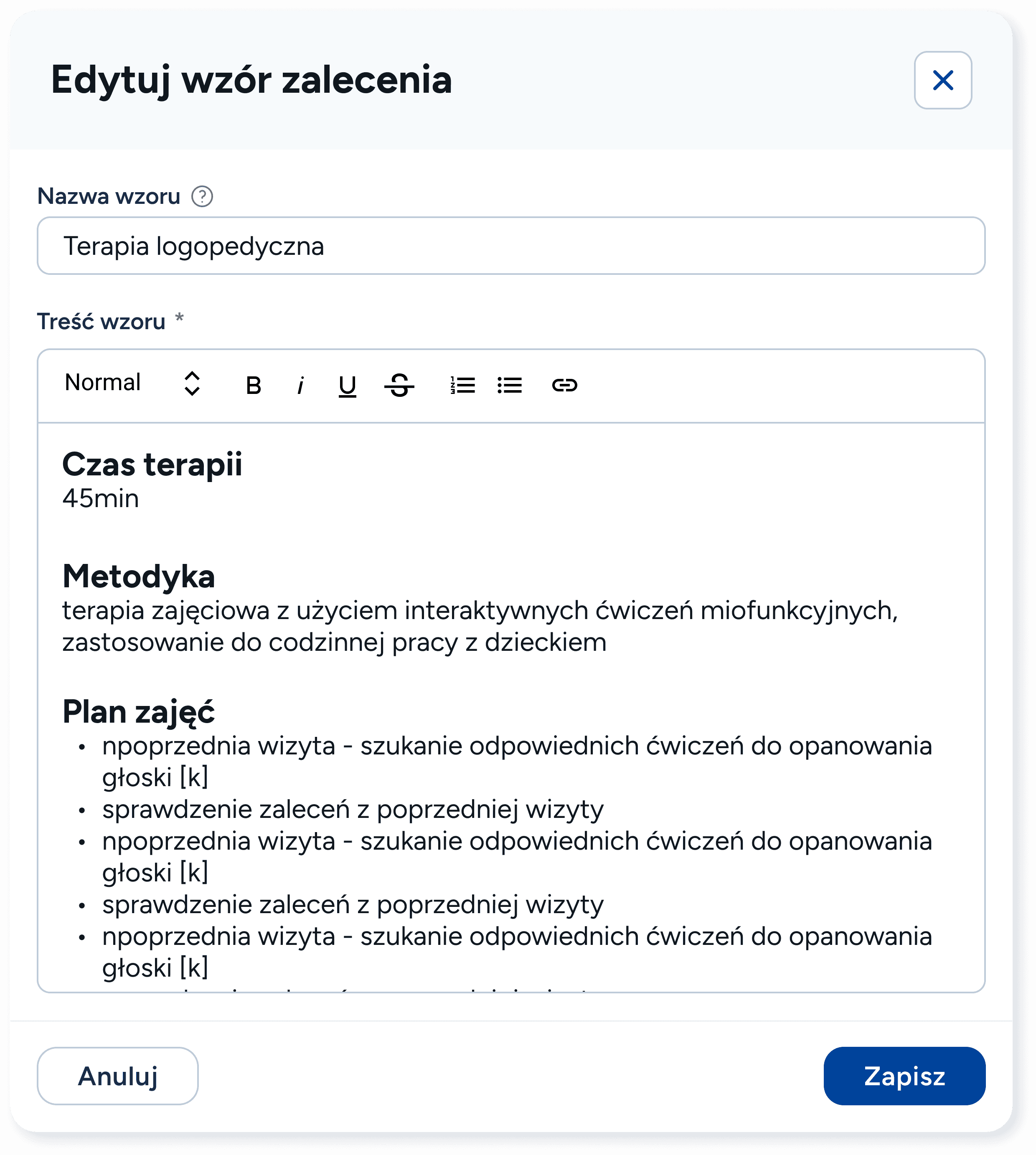 Tworzenie wzorów i szablonów zaleceń logopedycznych