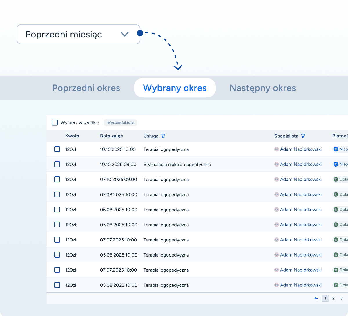 Szybka nawigacja między miesiącami w programie do zarządzania gabinetem logopedycznym – kontrola płatności i planowanie wizyt.