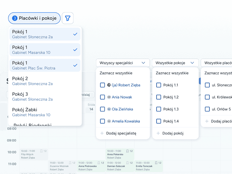 Widok kalendarza dla logopedy z włączoną filtracją po pokojach, pokazujący obłożenie gabinetów i adresów w jednym oknie.