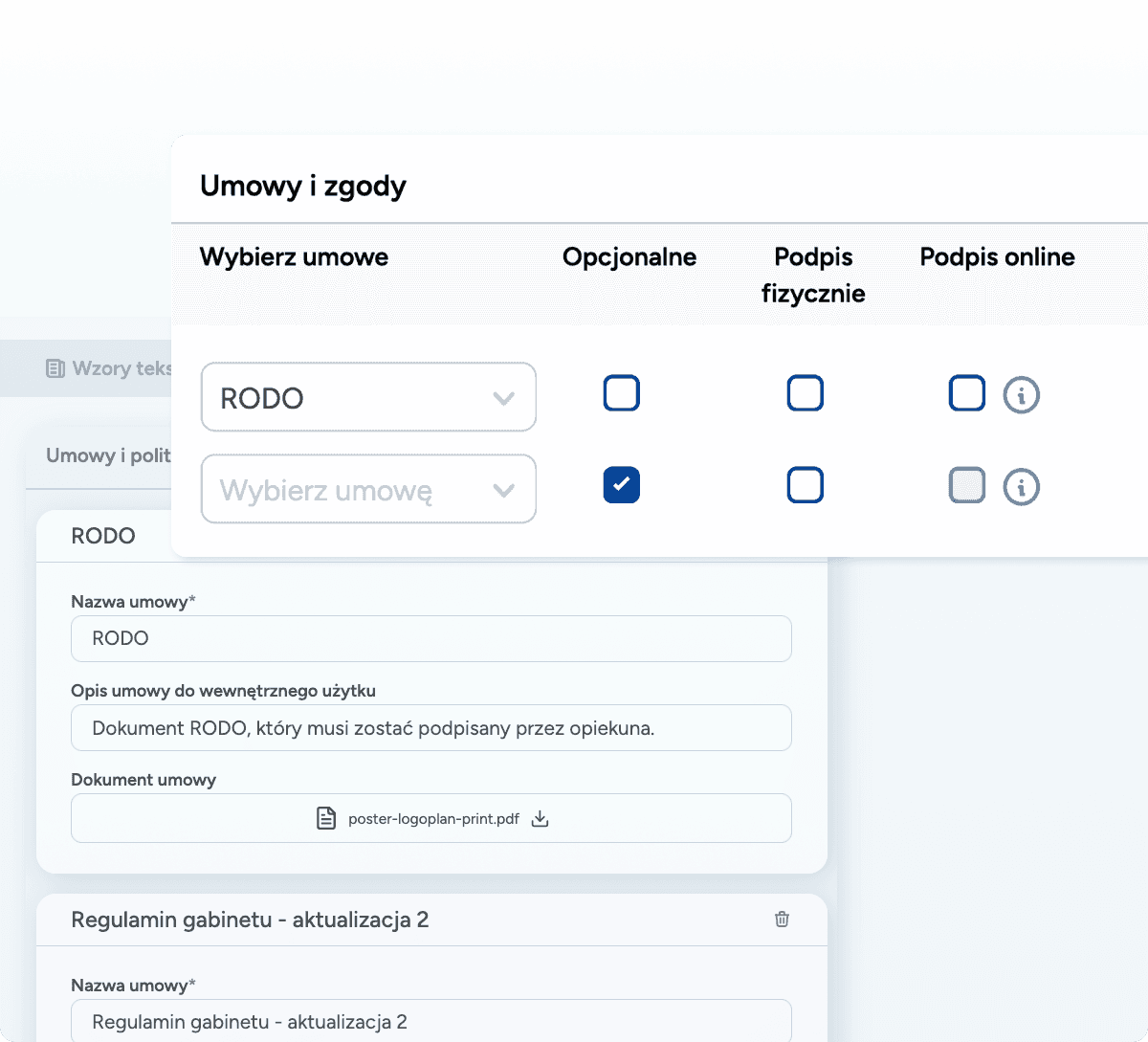Panel konfiguracji zgód w Logoplanie z widocznym podziałem na dokumenty obowiązkowe (RODO) i opcjonalne (np. publikacja wizerunku)