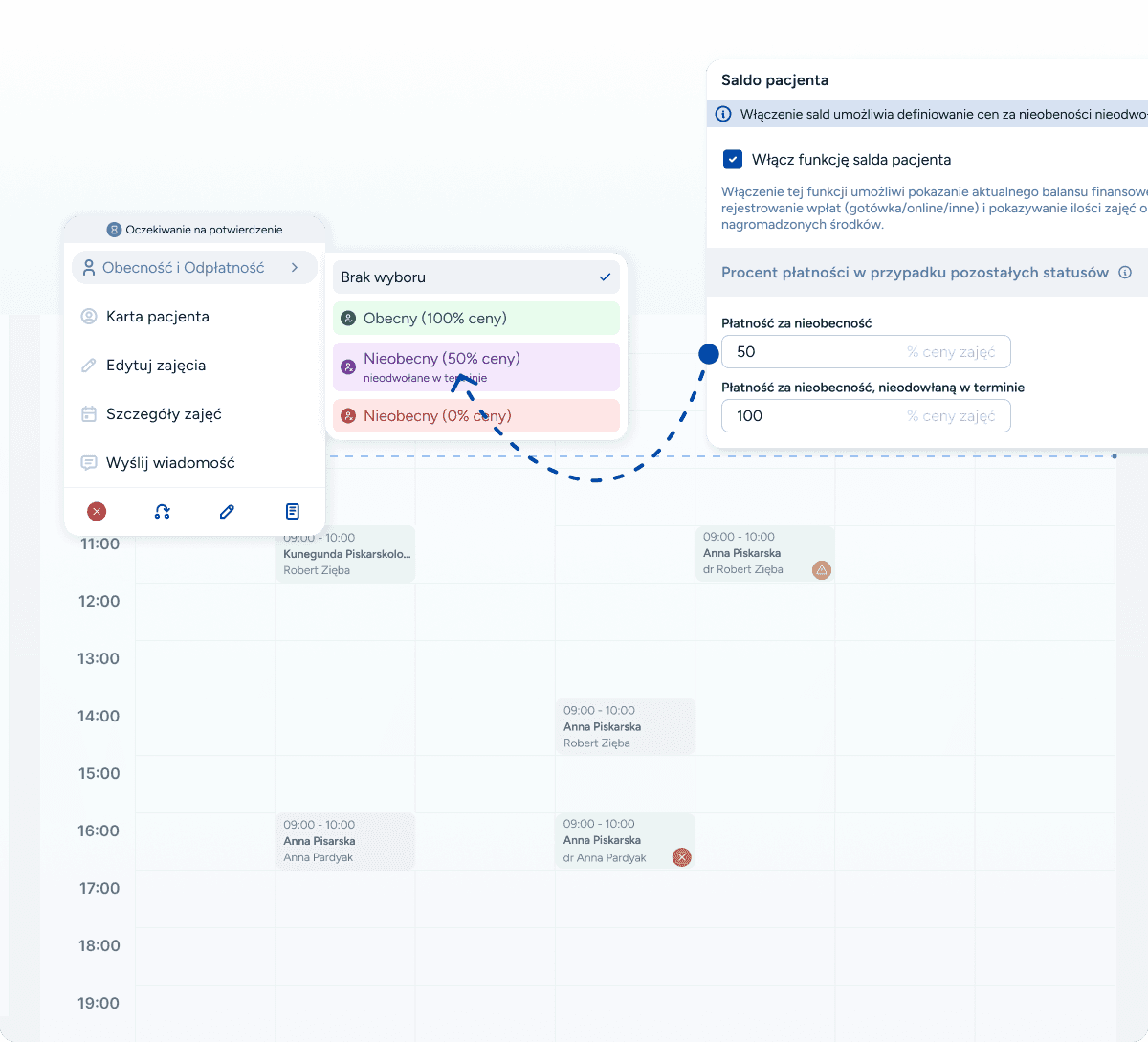 Ustawienia pozwalające ustawić jaki procent ceny będzie uwzględniony w saldzie, w zależności od statusu. 