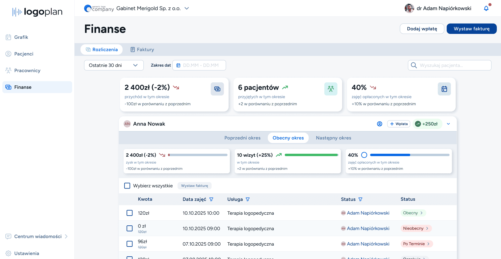 Funkcja Salda widoczna na zakładce Finansów w Logoplanie. 