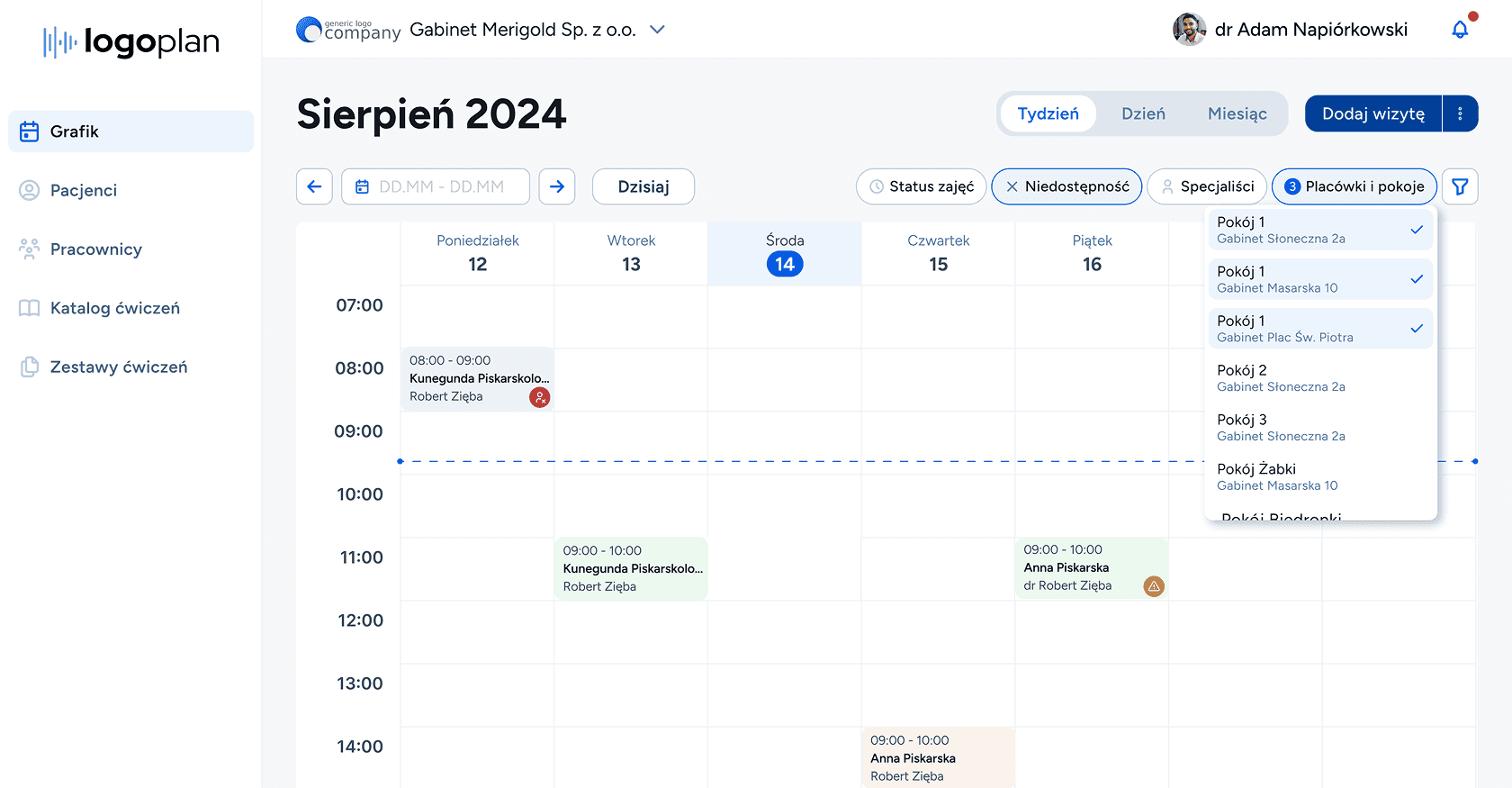 System dla logopedy, ktory pozwala uniknąć podwójnych rezerwacji i pomyłek z pokojami i gabinetami kontrolując obłożenie w kalendarzu na komputerze.