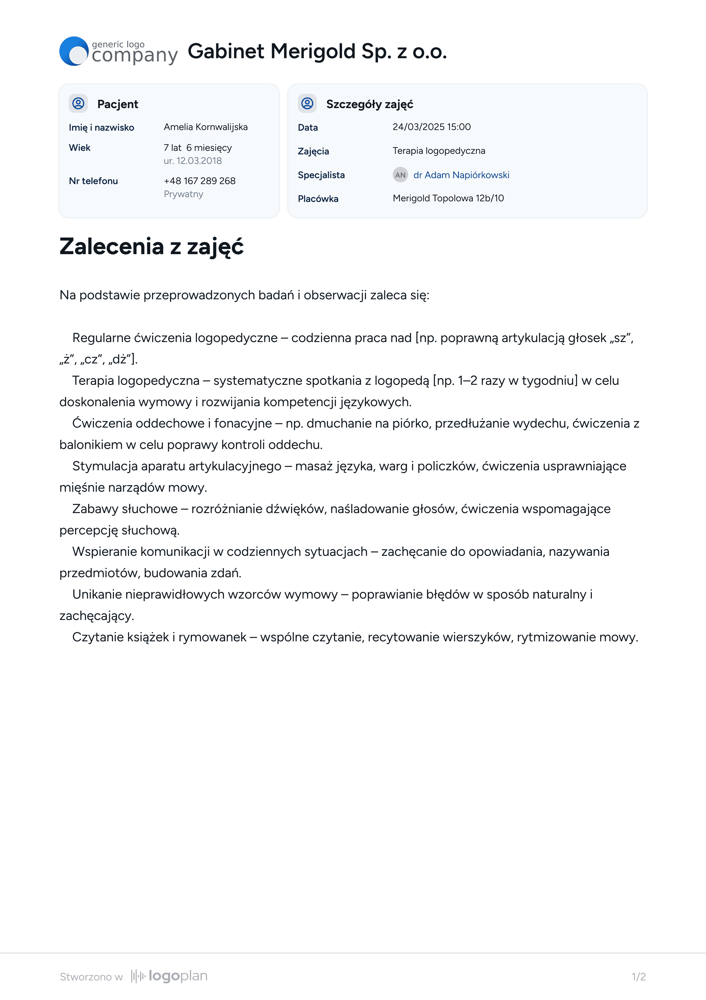 Profesjonalnie wydrukowane zalecenia logopedyczne