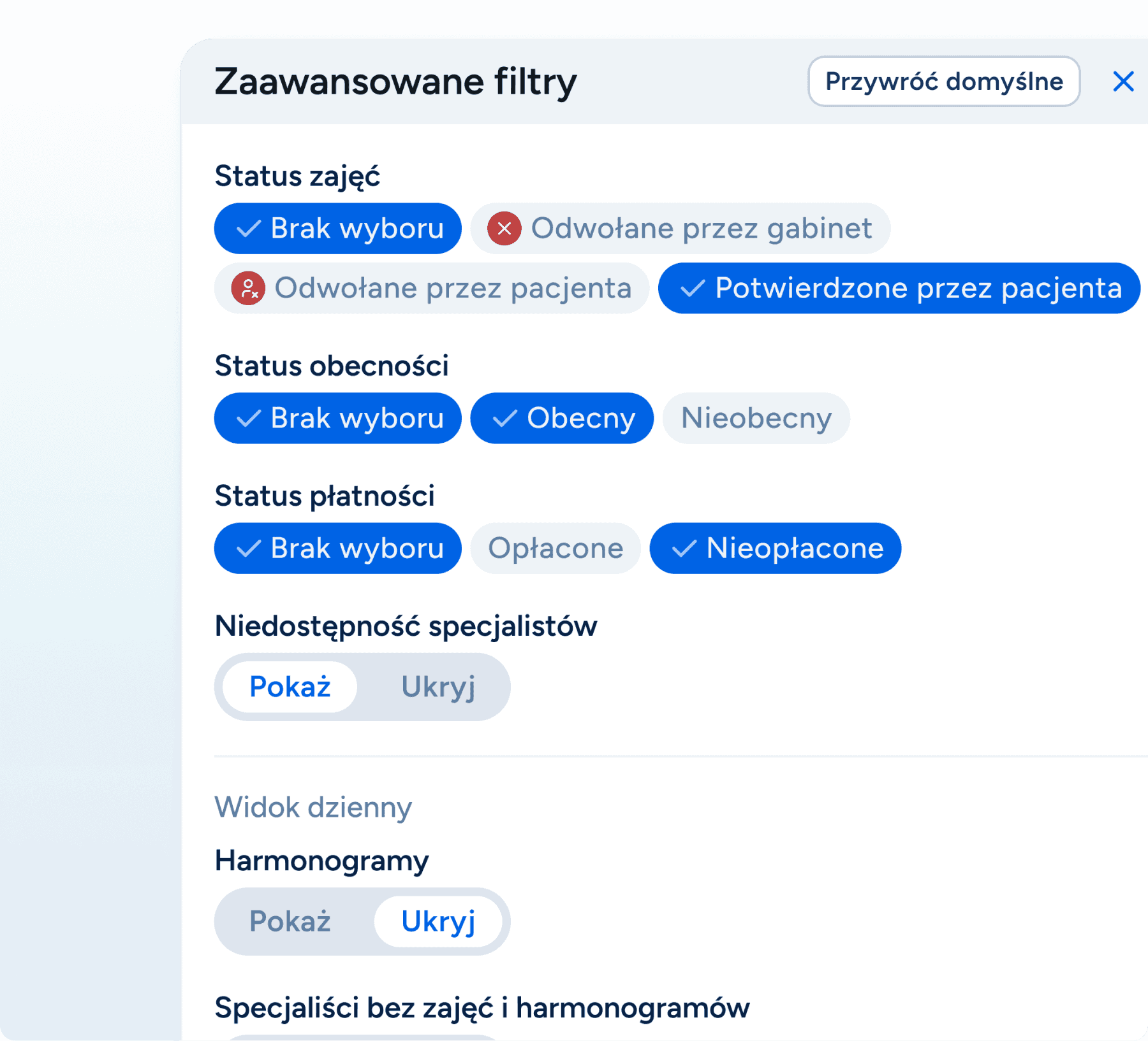 Filtrowanie widoku grafiku według specjalistów i dostępności pokojów w placówce logopedycznej
