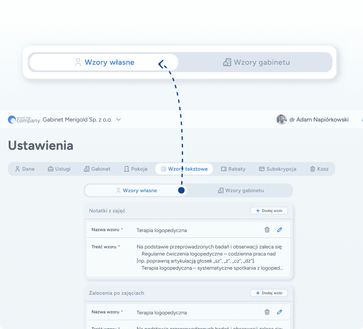 Biblioteka gotowych wzorów dokumentacji logopedycznej w Logoplanie z widoczną opcją dodawania własnych, unikalnych szablonów terapii