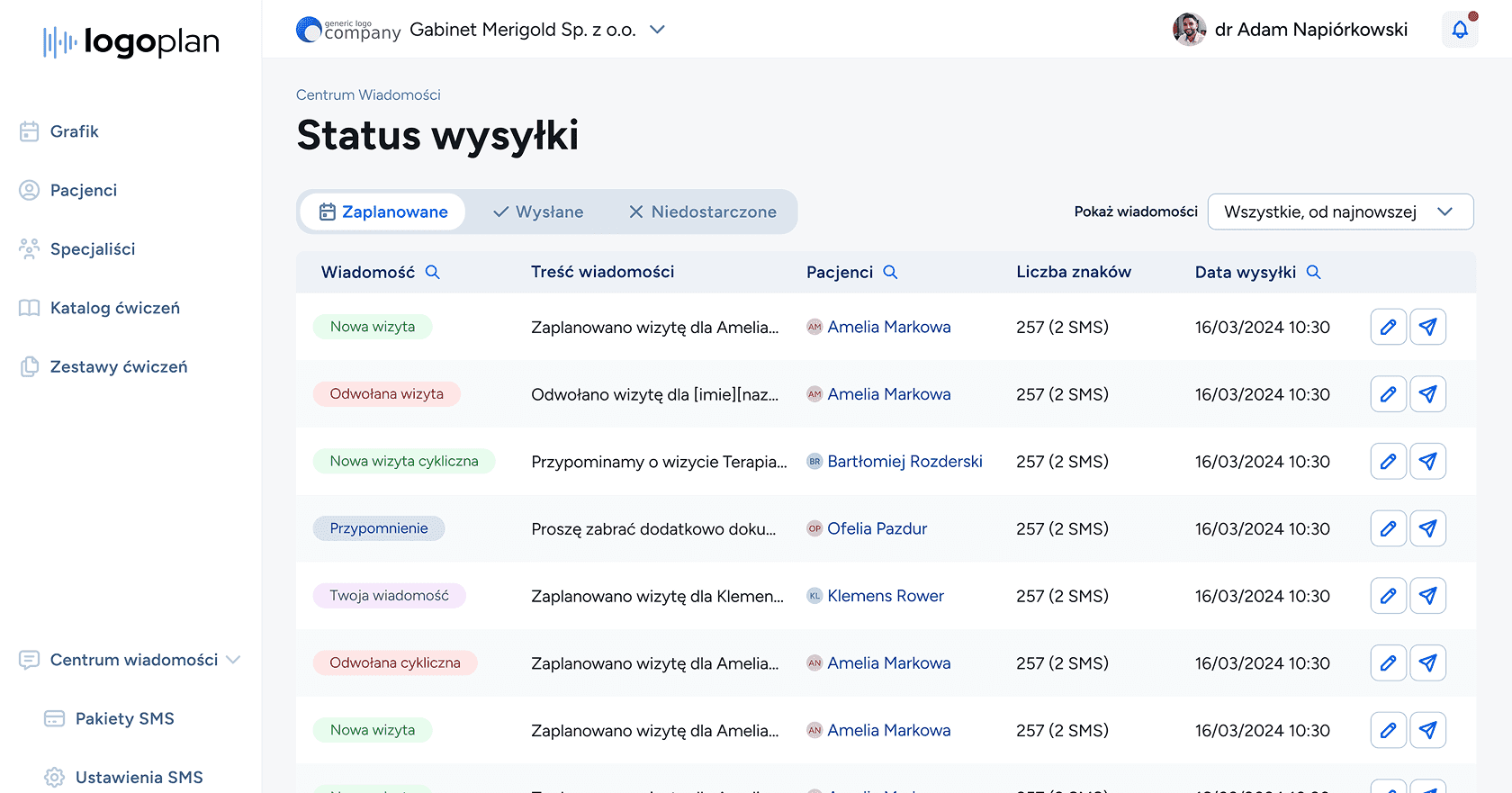 Powiadomienia SMS w kalendarzu dla logopedu - automatyczne przypomnienia o wizycie z możliwością odwołania lub potwierdzenia.