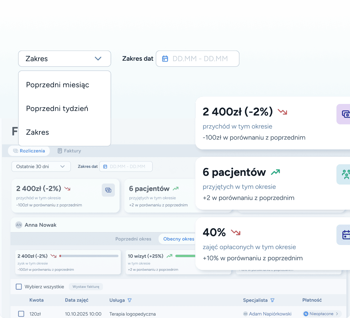 Wybór niestandardowego okresu rozliczeniowego w systemie dla logopedy Logoplan – automatyczne statystyki wizyt z kalendarza.