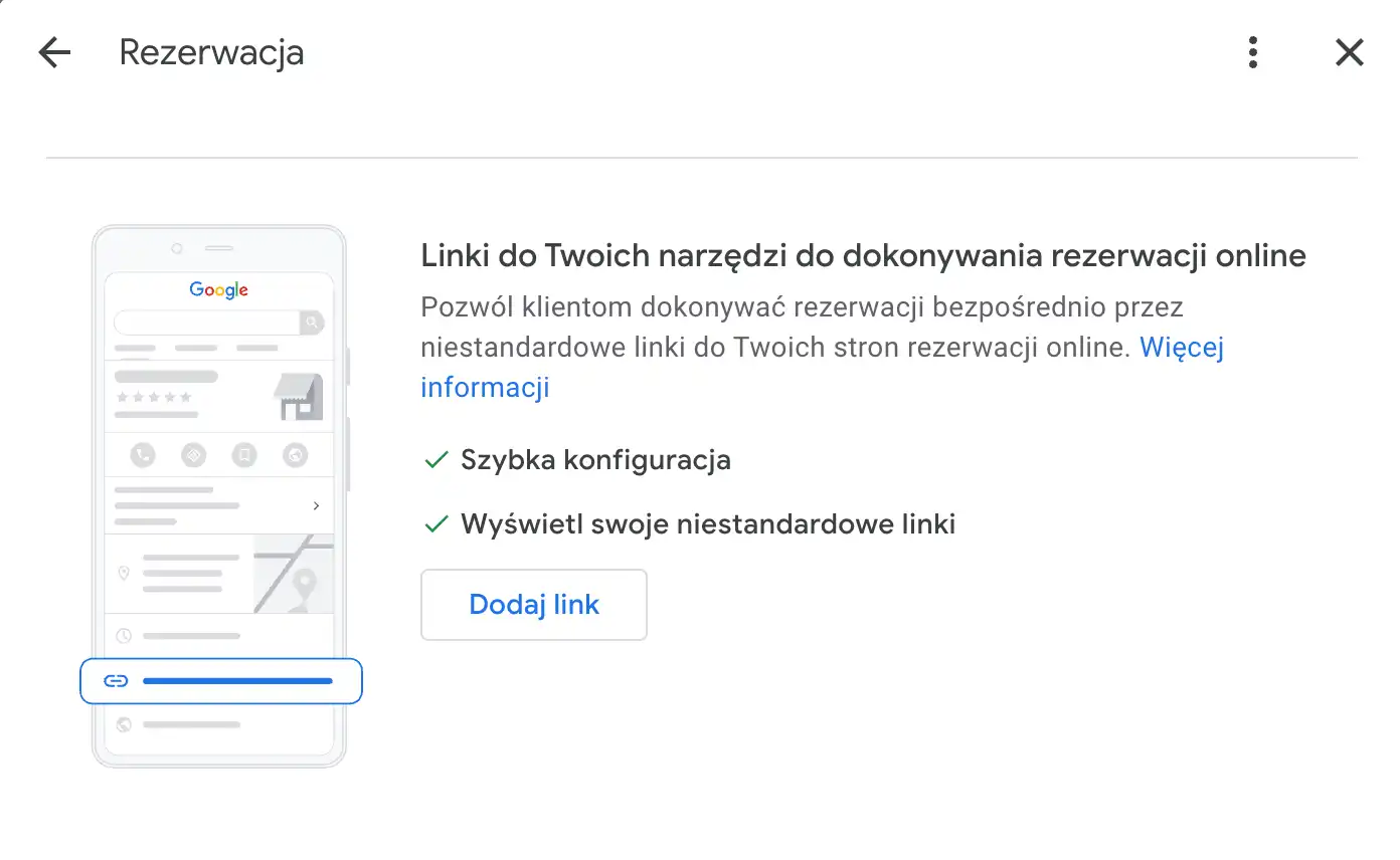 Wklejanie linku rezerwacji w profilu Google