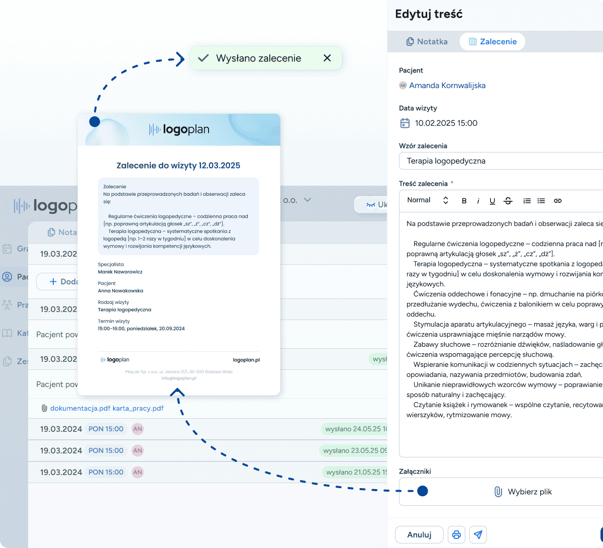 Przesyłaj zalecenia logopedyczne, ćwiczenia domowe dla pacjentów logopedycznych oraz zalecenia logopedyczne - bezpośrednio z systemu dla logopedów! Logoplan