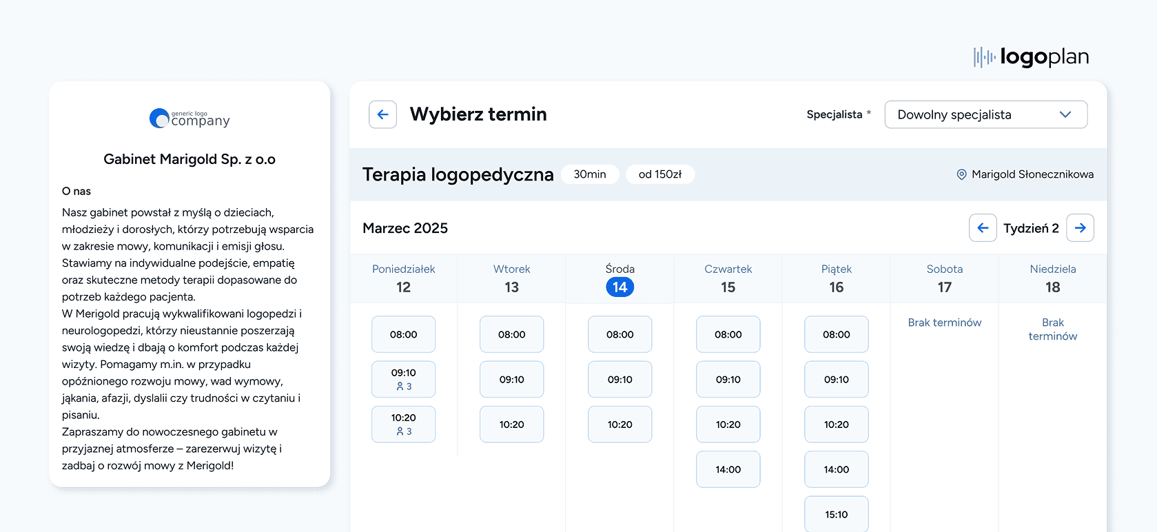 Widok aplikacji na komputer z rezerwacją wizyty online u logopedy – pacjent wybiera termin w kalendarzu online systemu Logoplan