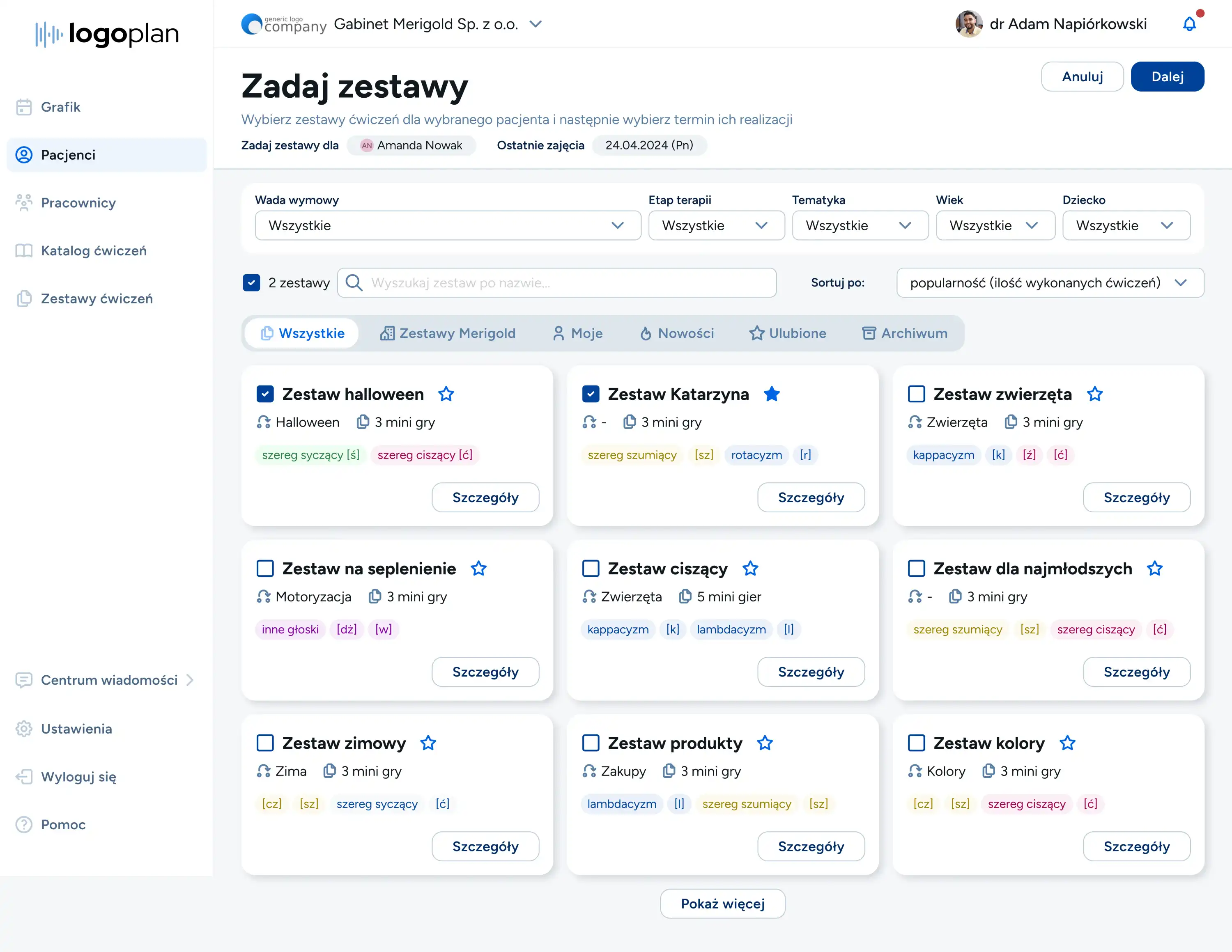 Tworzenie zestawów zadań logopedycznych w systemie online