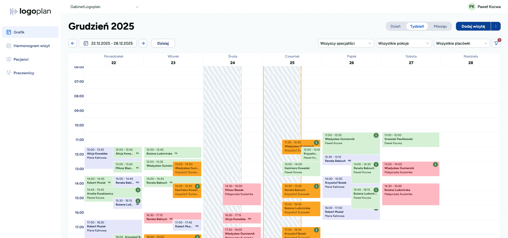 System Logoplan do zarządzania gabinetem logopedycznym na komputerze – widok grafiku