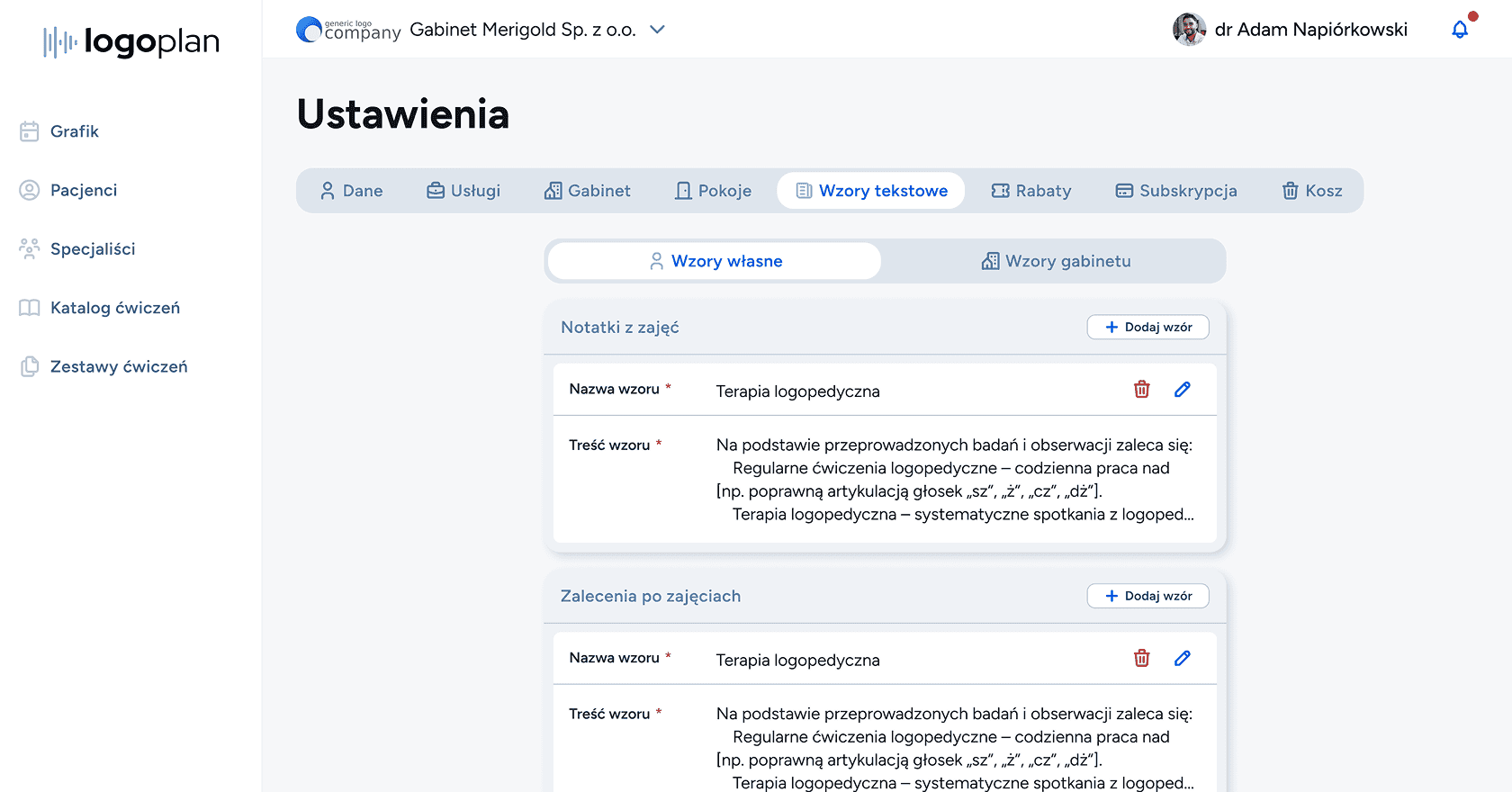 Logopeda korzystający z systemu dla logopedów korzystający z funkcji wzorów i szablonów dla diagnoz, notatek, zaleceń i zadań domowych.
