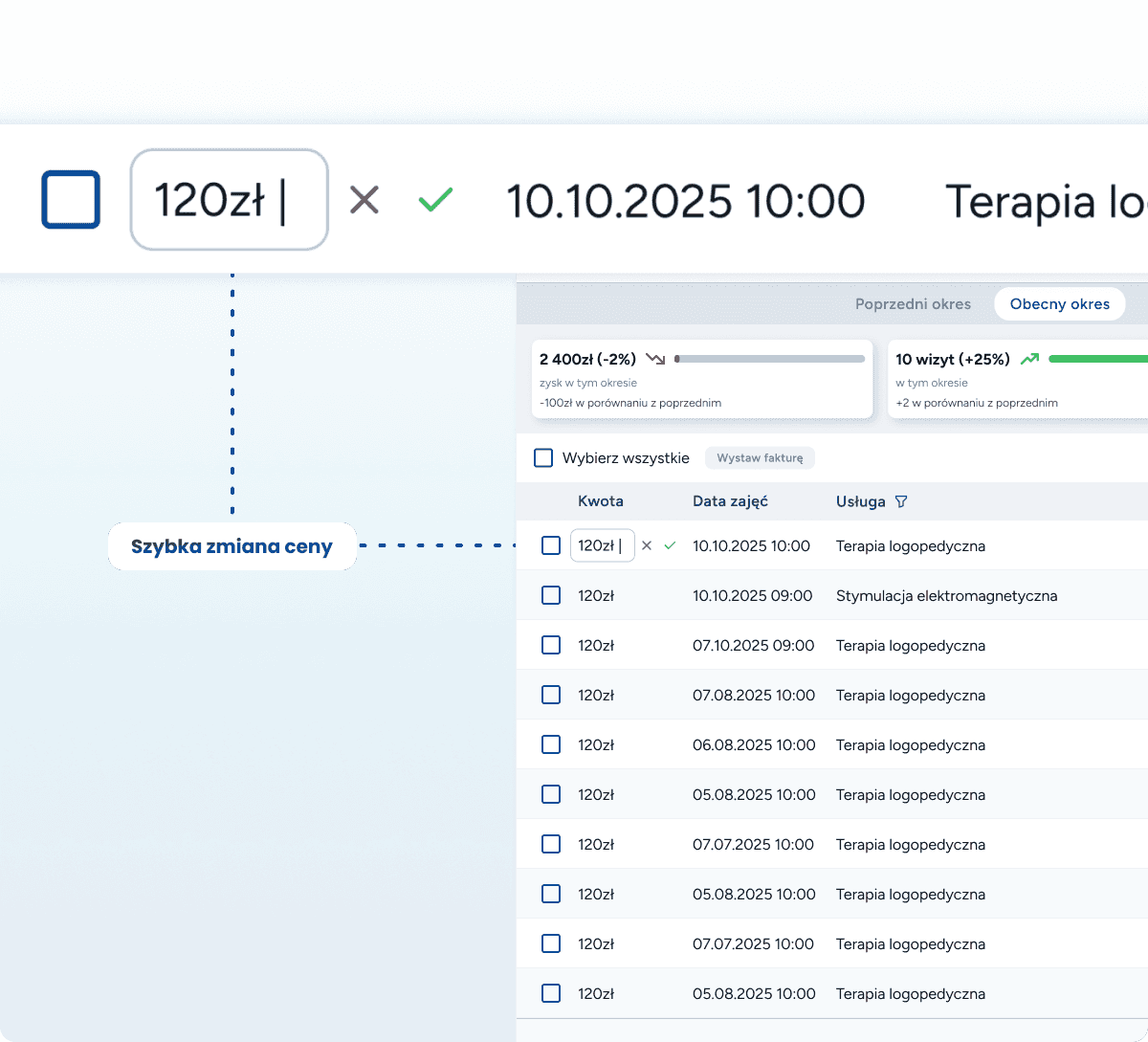 Edycja cen wizyt i przyznawanie rabatów w rozliczeniu miesięcznym logopedy – funkcja elastycznego cennika w systemie Logoplan.