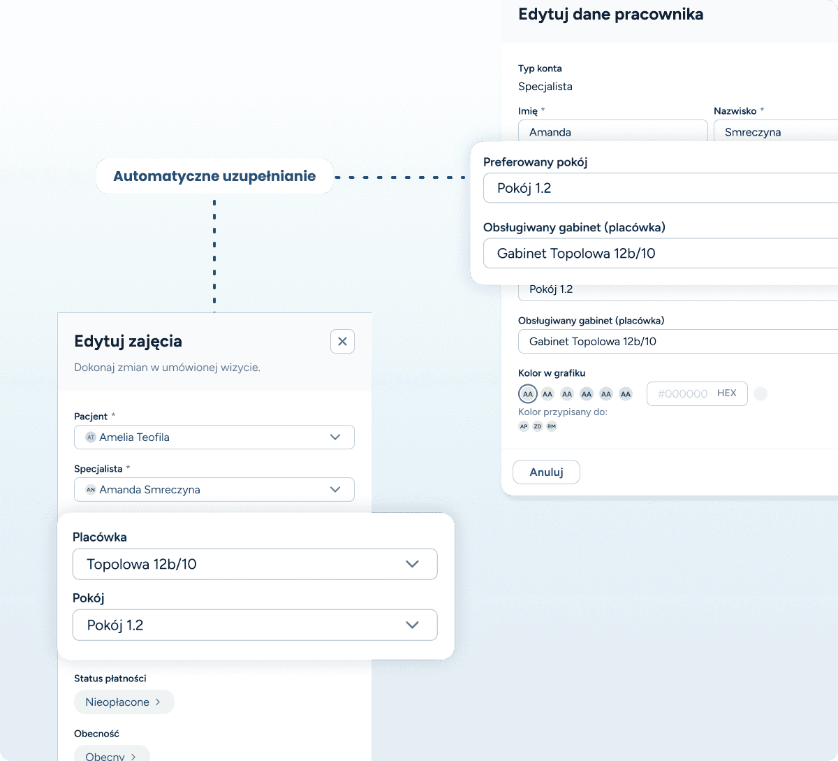 Konfiguracja preferowanego pokoju i placówki dla specjalisty w kalendarzu dla logopedy, automatyzująca planowanie wizyt.