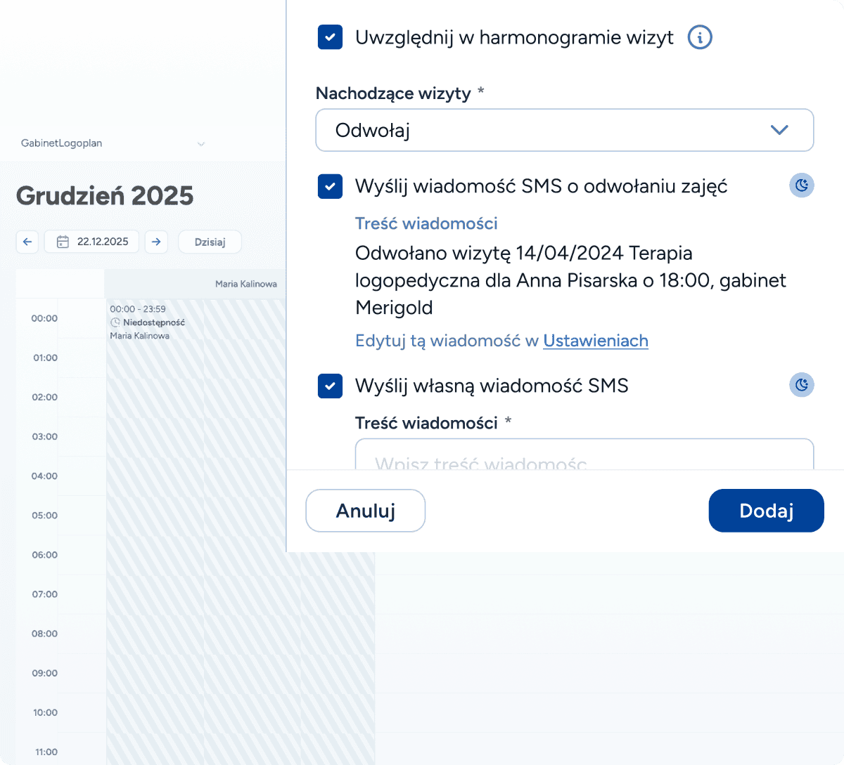 Widok funkcji masowego odwoływania wizyt w grafiku logopedy Logoplan z opcją automatycznej wysyłki powiadomień SMS do pacjentów w przypadku choroby