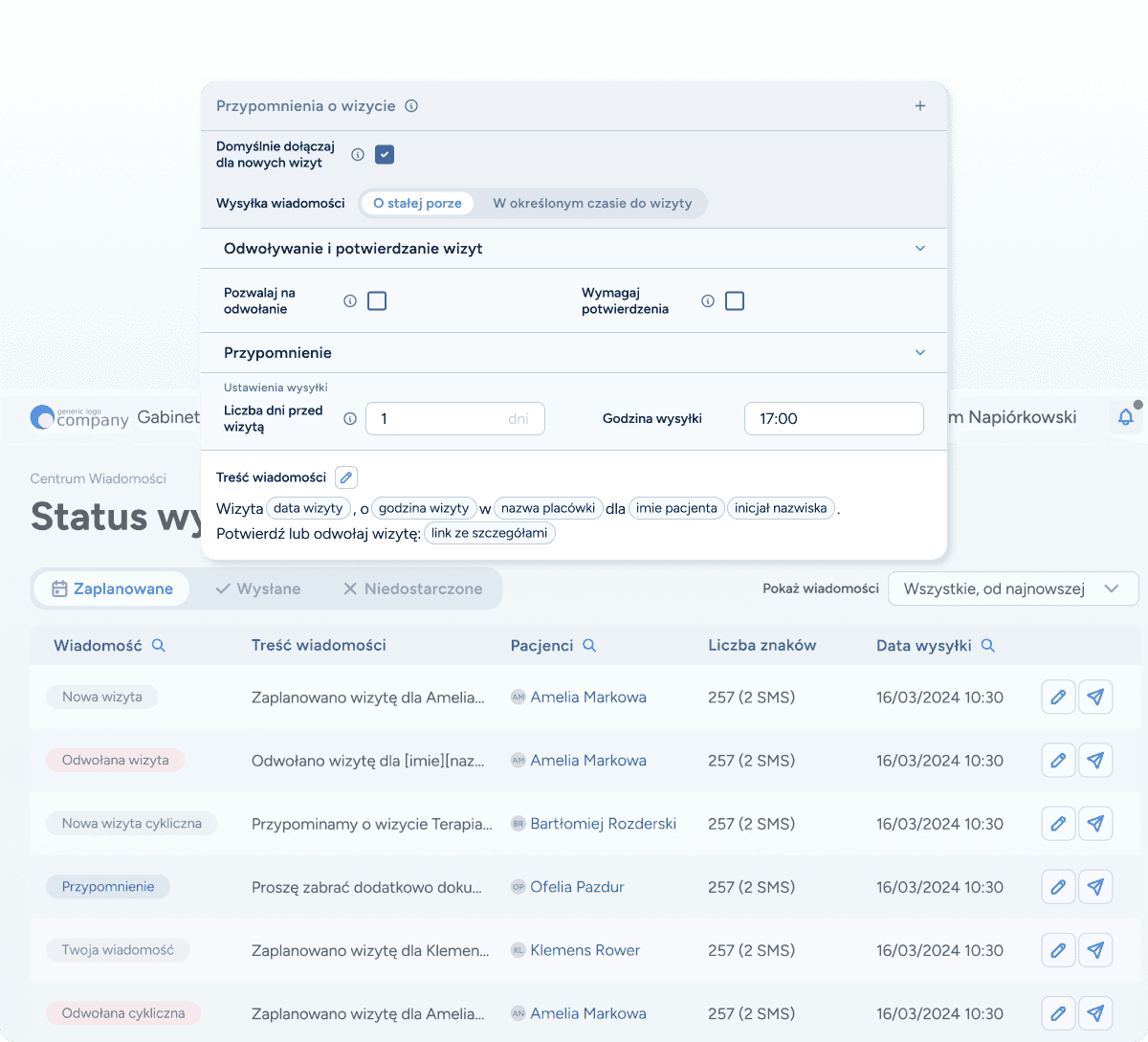 Konfiguracja powiadomień SMS dla rodziców pacjentów logopedy w programie Logoplan. Dowolność planowania przypomnień i optymalizacja grafiku wizyt logopedycznych.